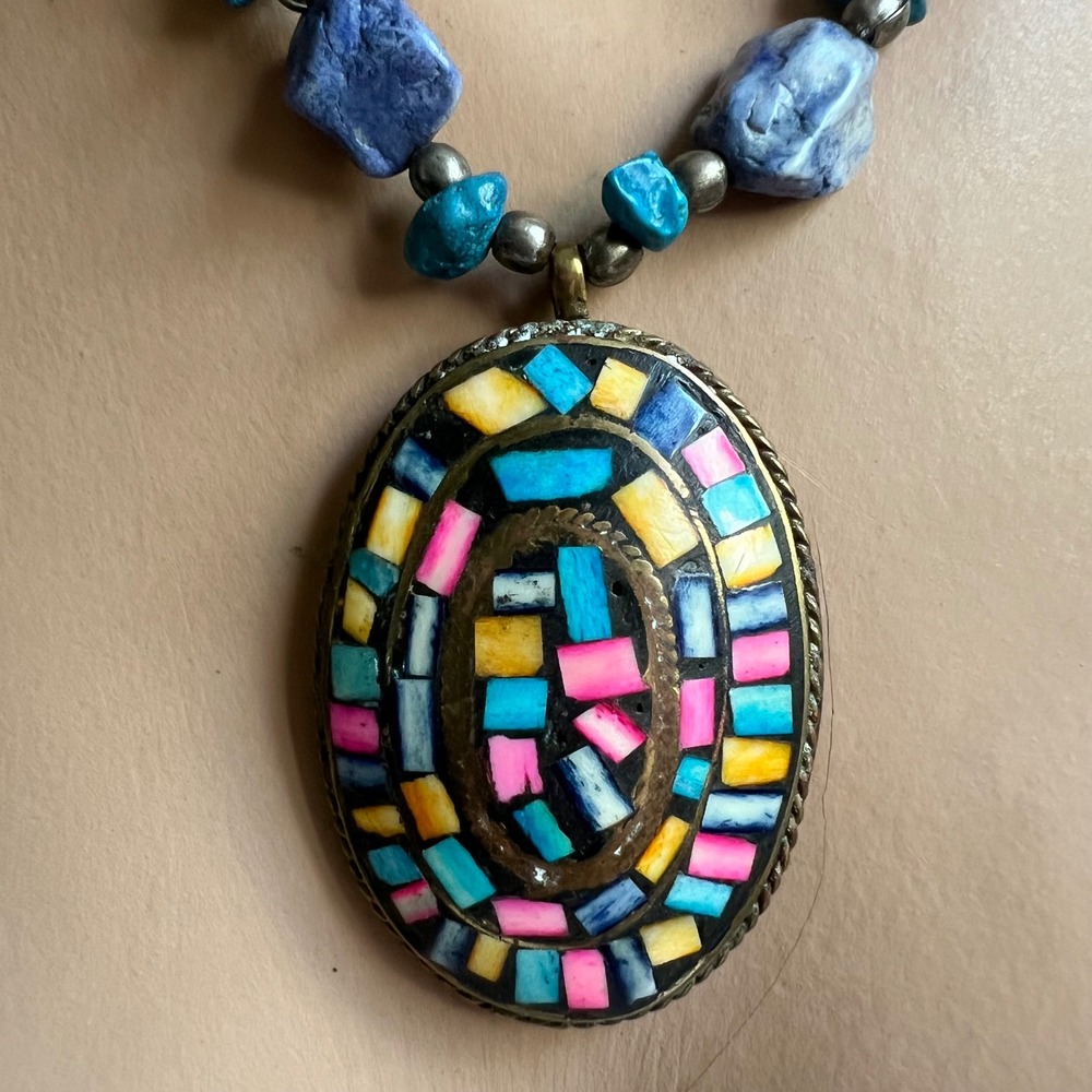 Vintage 70s Mosaic Pendant Necklace Stone Bead Mixed Media 22" Boho 70s